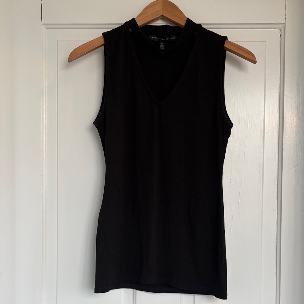 White House Black Market Black V‑Neck Sleeveless Knit Topwith Mock Choker Collar
